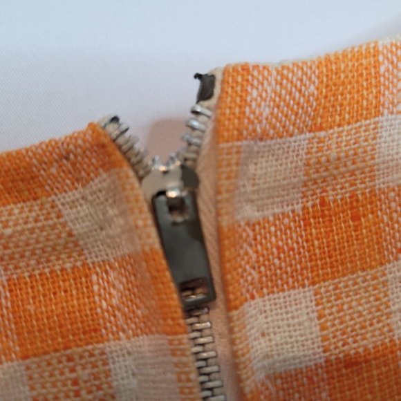 Vintage Dress Handmade Orange White Check Zip Back 3/4 Sleeve Size 10/12 - Picture 7 of 8